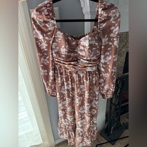 Elegant Floral Long Sleeve Dress in Orange/Brown